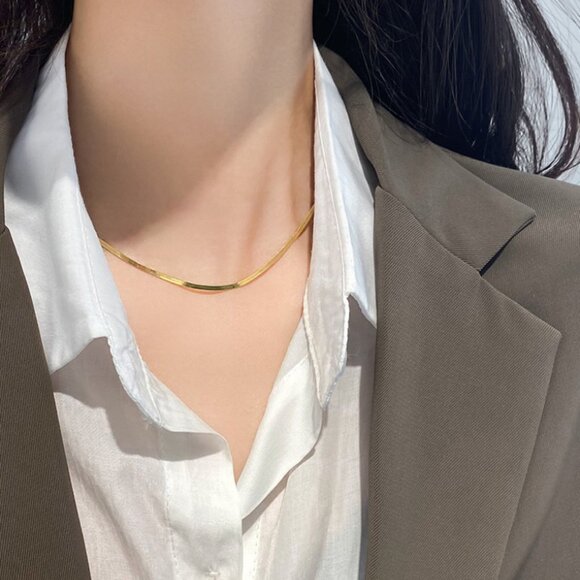 3/$35 Herringbone Chain Necklace Stainless Steel Gold Plated Flat Snake Women - Picture 1 of 6